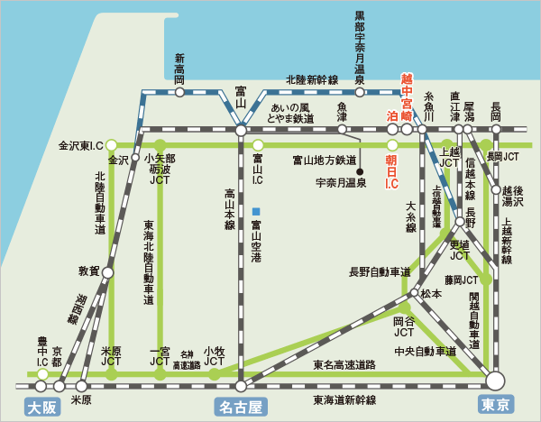 朝日町へのアクセスマップ