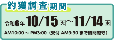 釣獲調査期間　令和6年10月15日（火）〜11月14日（木）　AM10：00〜PM3：00（受付　9：30まで時間厳守）